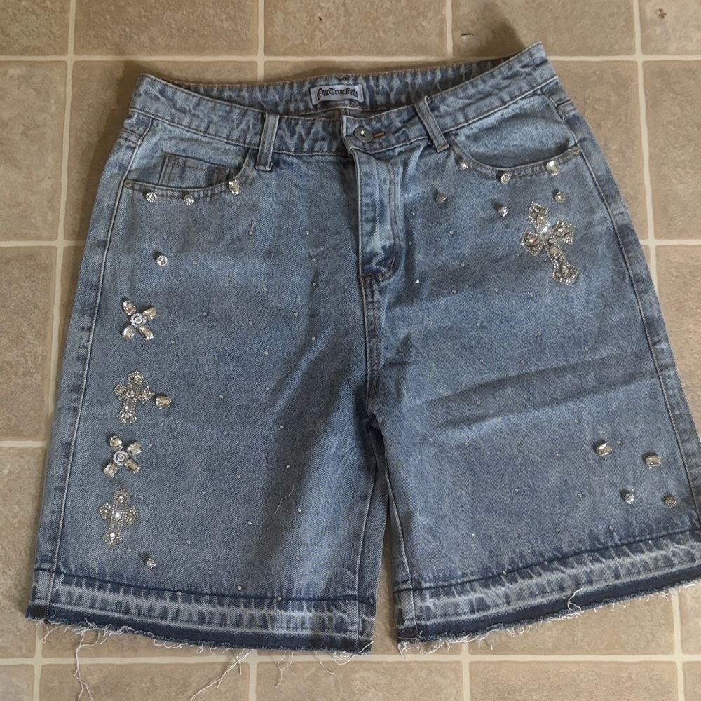 Our True Fate Men's Rhinestone Vandal Cross Denim Shorts WR4 Blue size M